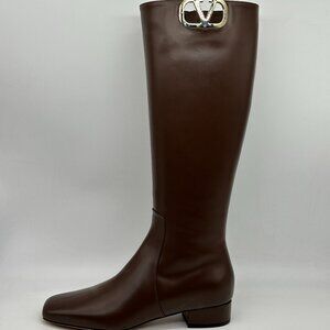 Valentino Garavani VLOGO V Logo Signature Leather Knee High Boots Cacao